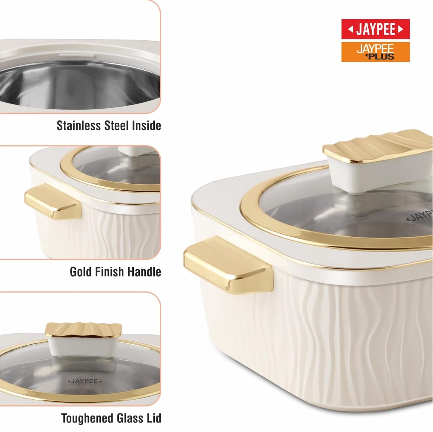 JAYPEE Crinkle Klass Inner Stainless Steel Casserole Set of 3(1000+1500+2000)