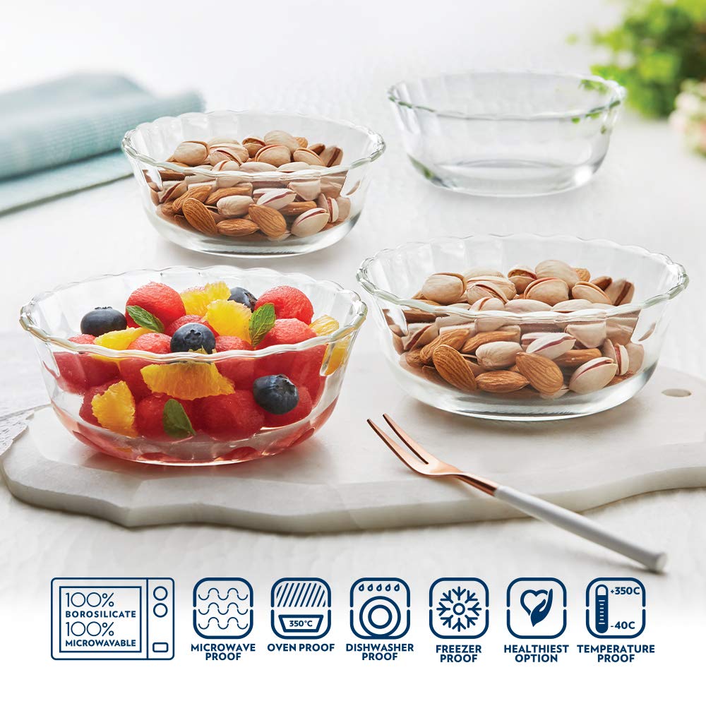 Borosil Glass Solid Serving Bowls, Oven & Microwave Safe Bowls, Set of 4 430 ml