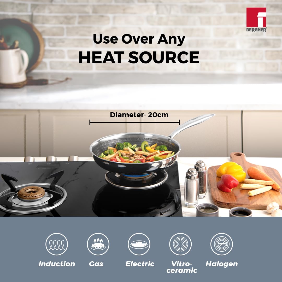 Bergner Hi-Tech TriPly Stainless Steel 20cm Frypan, Honeycomb Non-Stick Coating Frying Pan
