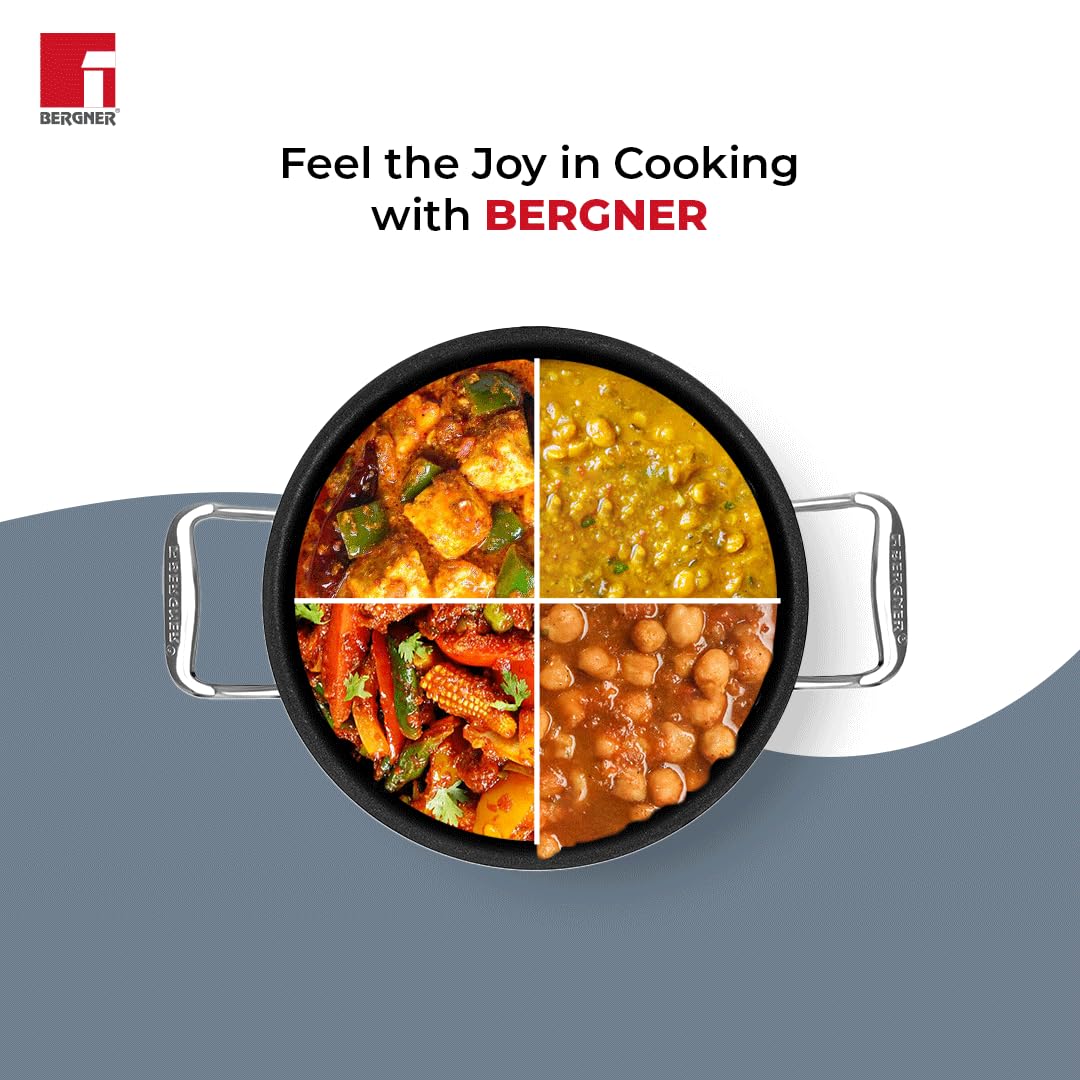 BERGNER Hitech-Peek Triply Stainless Steel Kadai/Indian Wok with Steel Lid, 26 cm,
