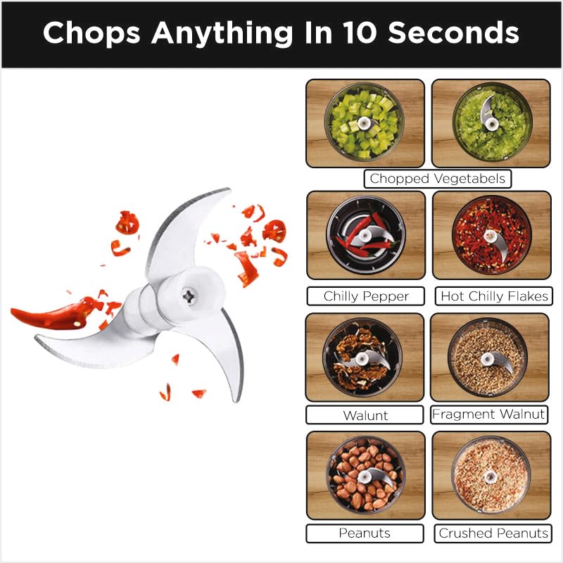 BOSS USB Rechargeable Wireless Electric Chopper with Stainless Steel Blades, One Touch Operation, 10 Seconds Chopping, Mincing Vegetable - 350 ML, 40 Watts, Blue