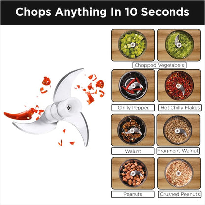 BOSS USB Rechargeable Wireless Electric Chopper with Stainless Steel Blades, One Touch Operation, 10 Seconds Chopping, Mincing Vegetable - 350 ML, 40 Watts, Blue