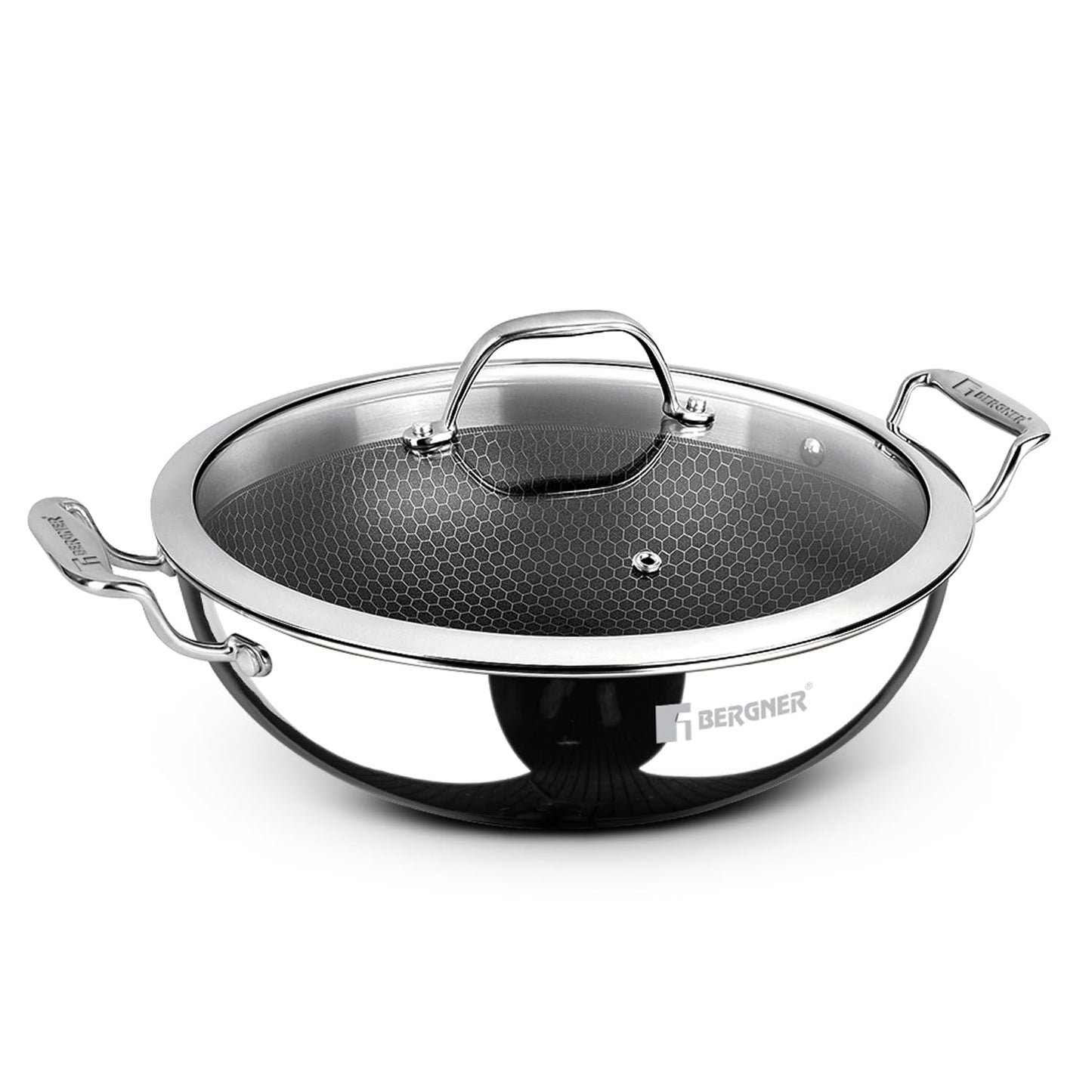 BERGNER Hi-Tech TriPly Stainless Steel 22cm (2.25 L) Kadai with Glass Lid, Honeycomb Non-Stick Coating