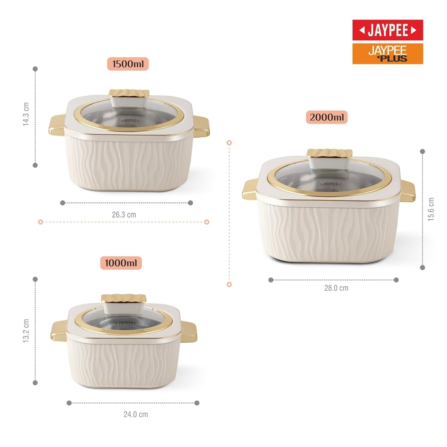 JAYPEE Crinkle Klass Inner Stainless Steel Casserole Set of 3(1000+1500+2000)
