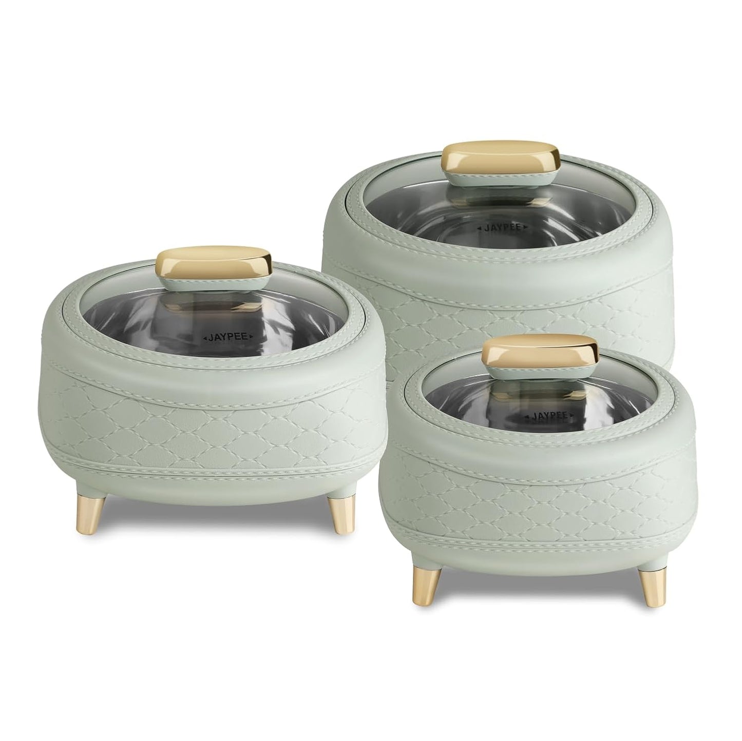 JAYPEE Kingston Klass Stitched Leather Luxurious Outer & Inner Stainless Steel Casserole Set of 3 with Glass Lid(1500+2000+2500) Green