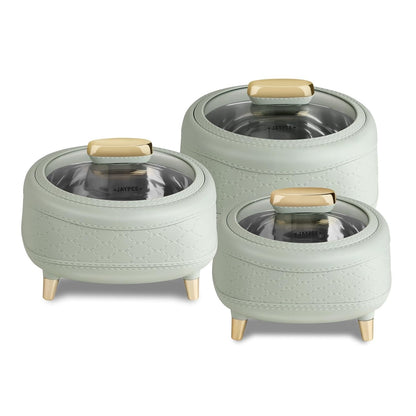 JAYPEE Kingston Klass Stitched Leather Luxurious Outer & Inner Stainless Steel Casserole Set of 3 with Glass Lid(1500+2000+2500) Green