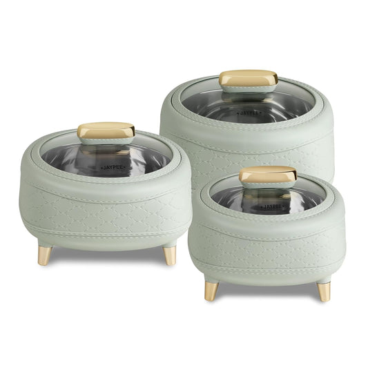 JAYPEE Kingston Klass Stitched Leather Luxurious Outer & Inner Stainless Steel Casserole Set of 3 with Glass Lid(1500+2000+2500) Green