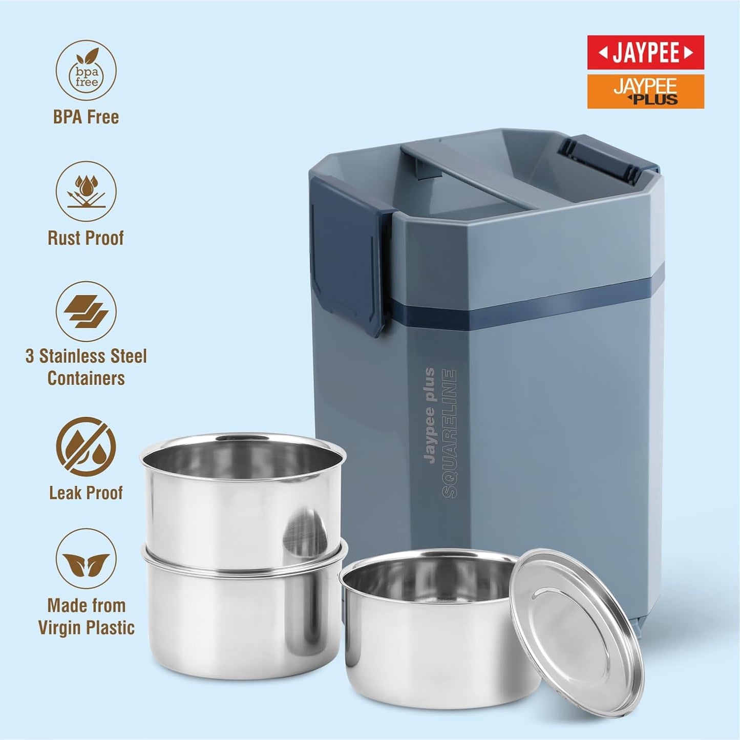 Jaypee Plus Squareline Electric Lunch Box 3 Stainless Steel containers