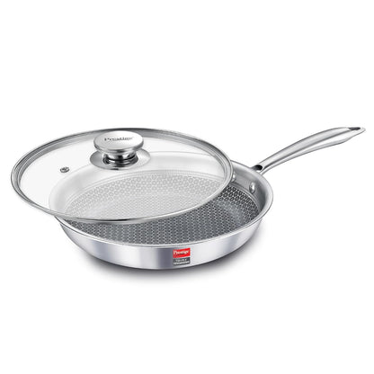 Prestige 24cm/1.7L Tri-Ply Stainless Steel Hexamagic Fry Pan with Lid|Honeycomb Structure|Durability of Triply|Metal Spoon Friendly|Gas & Induction Compatible|Dishwasher Safe|Low Oil Consumption|Grey