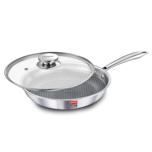 Prestige 24cm/1.7L Tri-Ply Stainless Steel Hexamagic Fry Pan with Lid|Honeycomb Structure|Durability of Triply|Metal Spoon Friendly|Gas & Induction Compatible|Dishwasher Safe|Low Oil Consumption|Grey