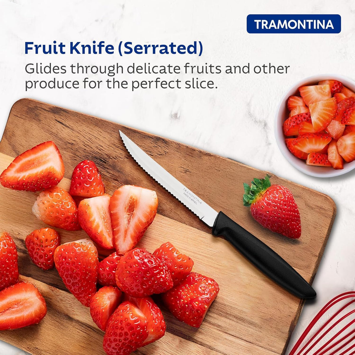 Tramontina Plenus Fruit Knife 12 cm, Wavy Serrated Stainless Steel Blade, Broad Tip, Black Polypropylene Handle.