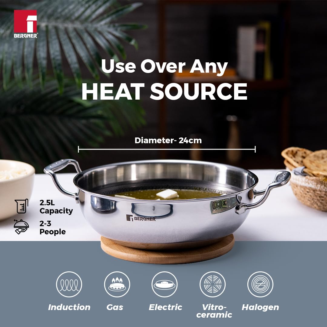 Bergner Hi-Tech TriPly Stainless Steel 24cm (2.5L) Kadai with Glass Lid, Honeycomb Non-Stick Coating