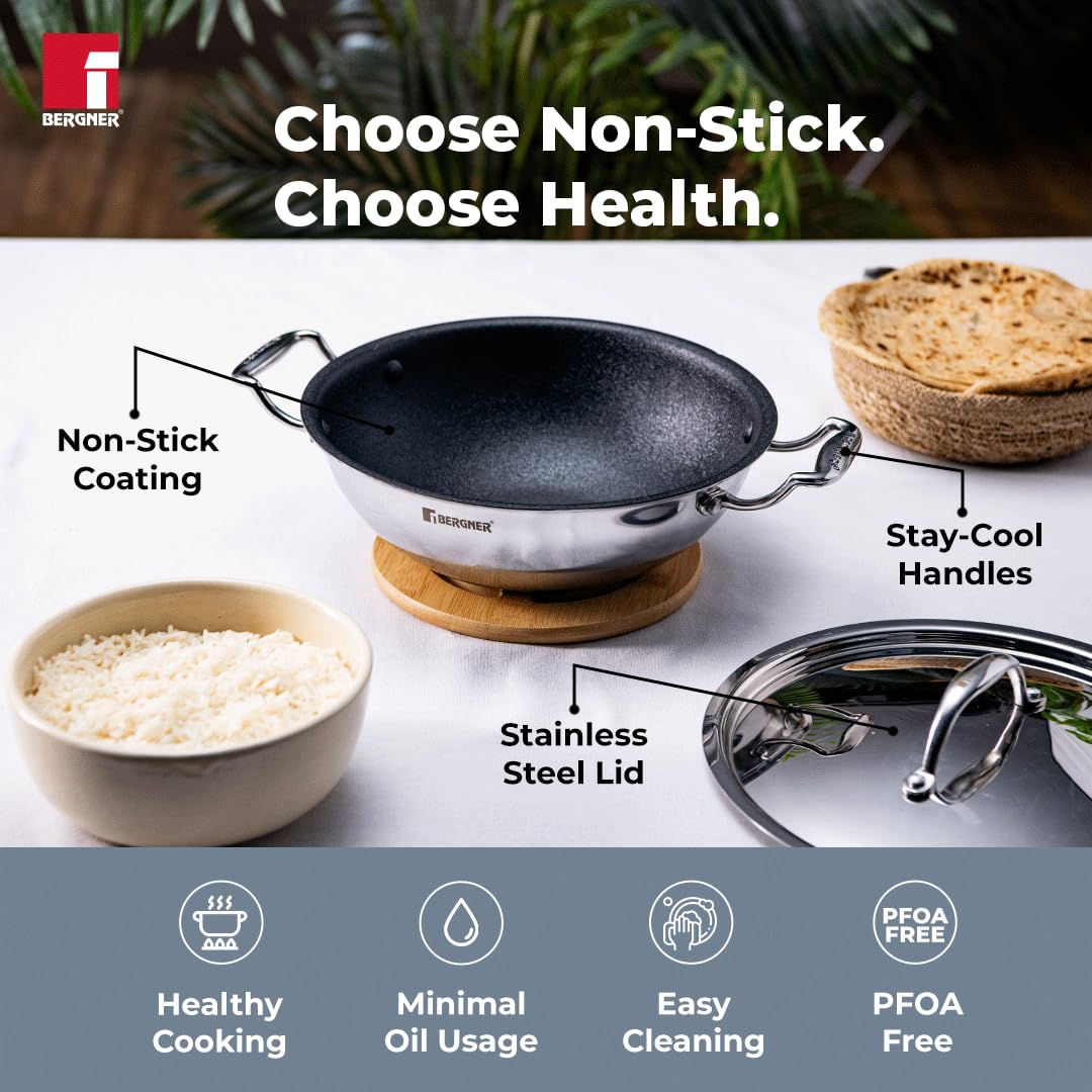 BERGNER Hitech-Peek Triply Stainless Steel Kadai/Indian Wok with Steel Lid, 26 cm,