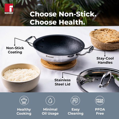 BERGNER Hitech-Peek Triply Stainless Steel Kadai/Indian Wok with Steel Lid, 26 cm,
