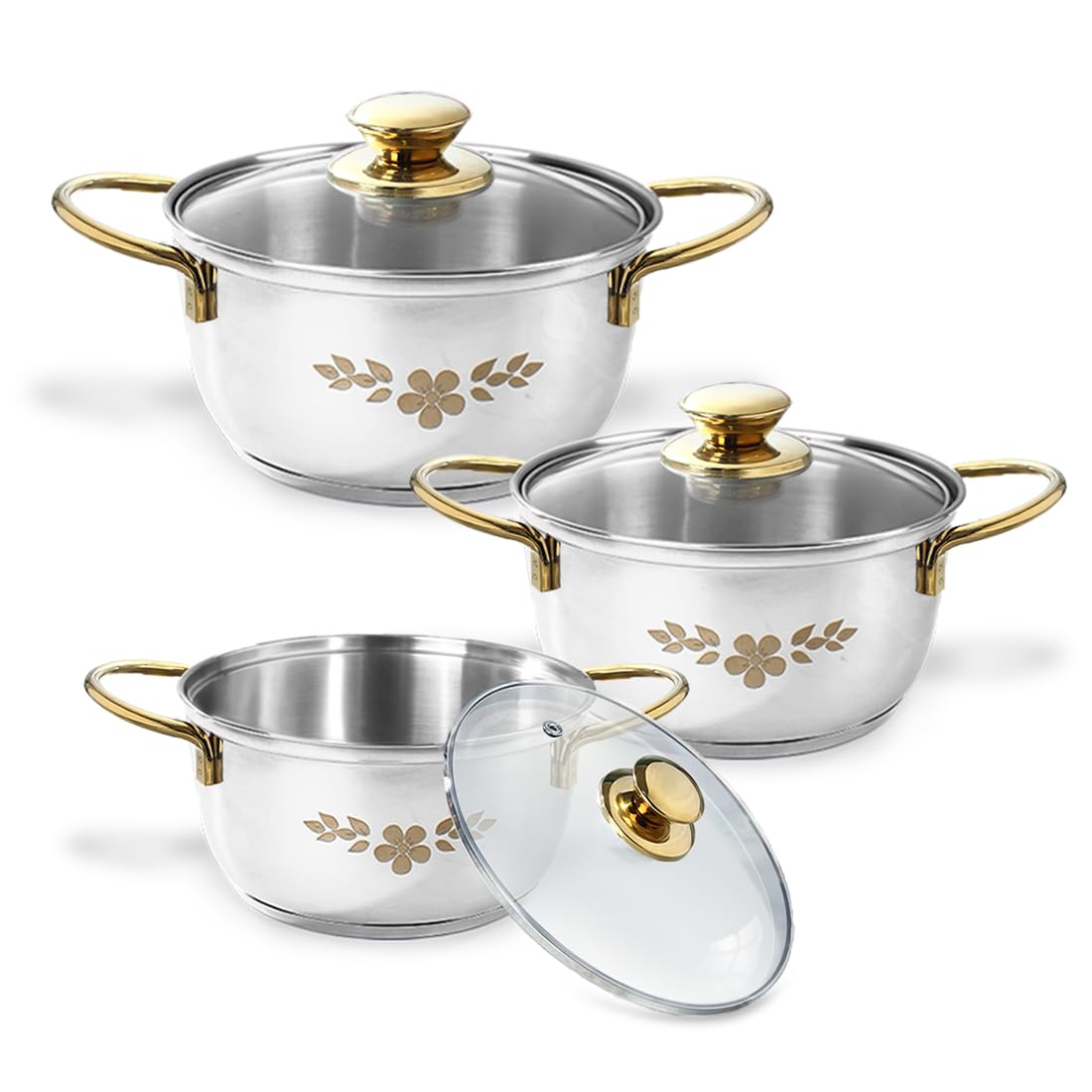 Wonderchef Gold Stanton Stainless-Steel 3 Pc Casserole Set with Glass Lid