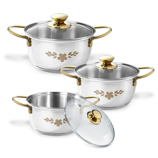 Wonderchef Gold Stanton Stainless-Steel 3 Pc Casserole Set with Glass Lid