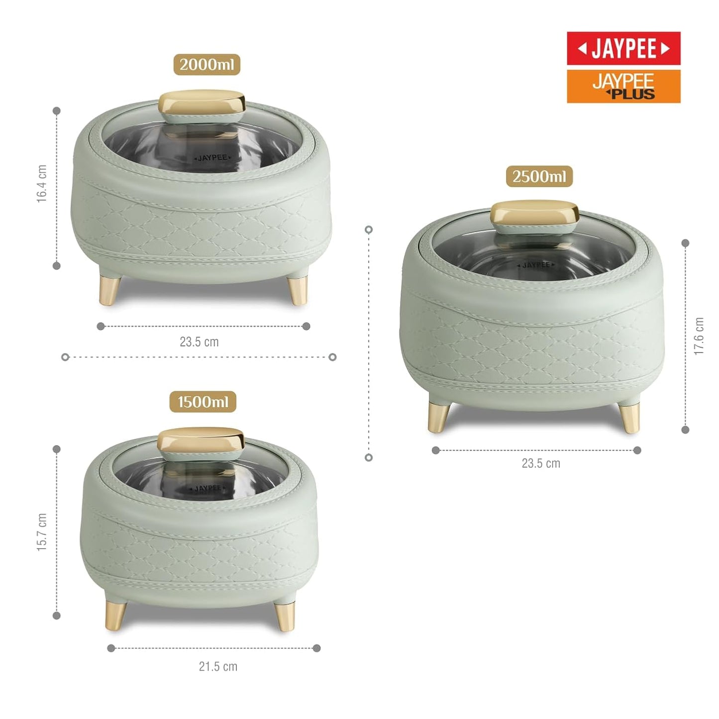 JAYPEE Kingston Klass Stitched Leather Luxurious Outer & Inner Stainless Steel Casserole Set of 3 with Glass Lid(1500+2000+2500) Green