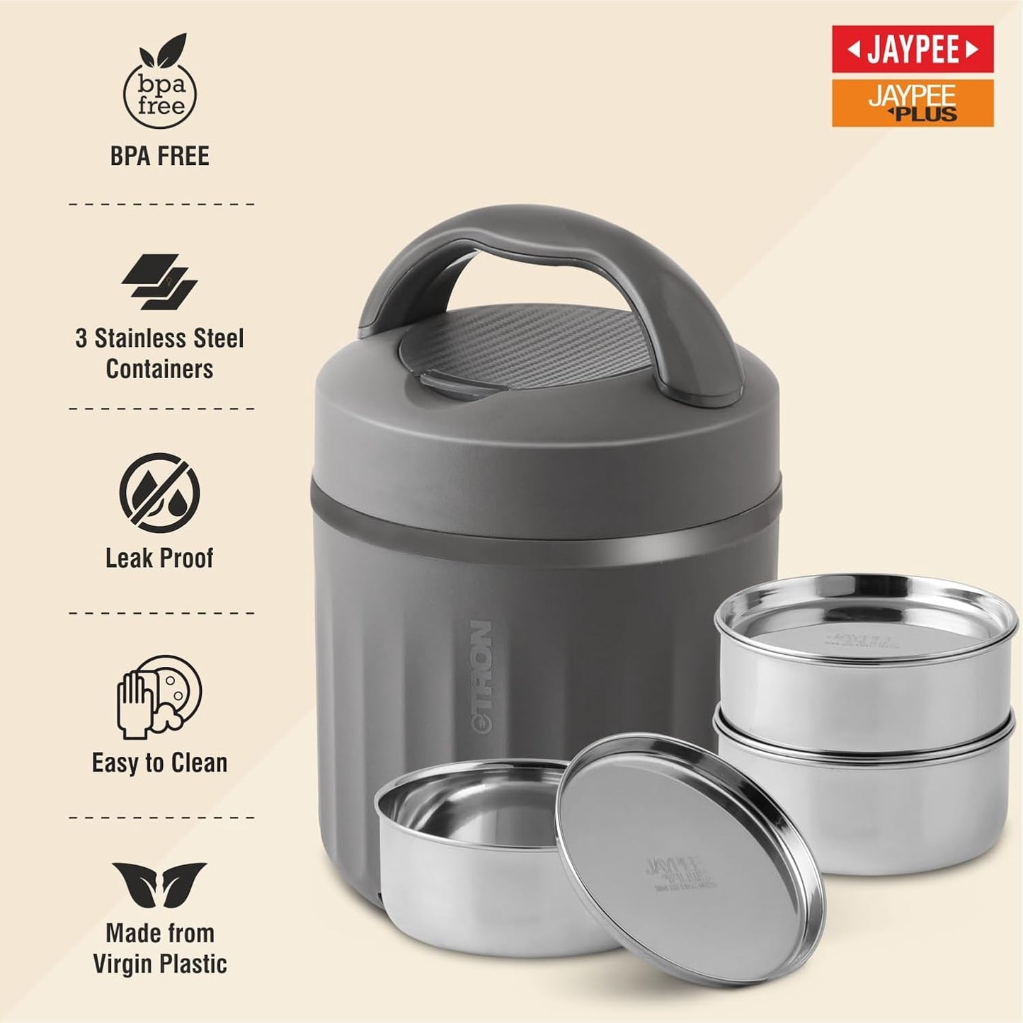 Jaypee Plus Etron Auto Cut Off Electric Lunch Box with 3 Stainless Steel containers 300X3 ml Lunch Box