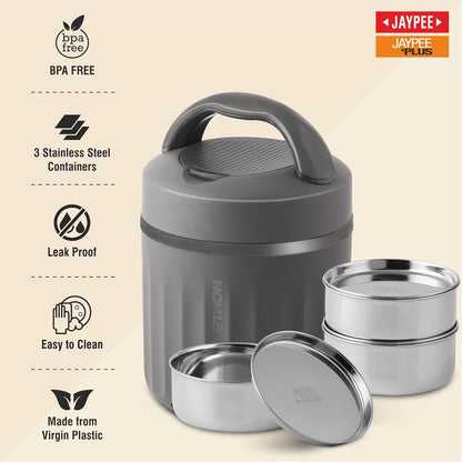 Jaypee Plus Etron Auto Cut Off Electric Lunch Box with 3 Stainless Steel containers 300X3 ml Lunch Box