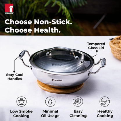 Bergner Hi-Tech TriPly Stainless Steel 24cm (2.5L) Kadai with Glass Lid, Honeycomb Non-Stick Coating