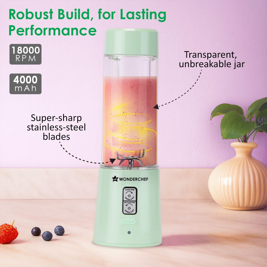 Wonderchef Twister Portable Blender, 500ml, Mint Green