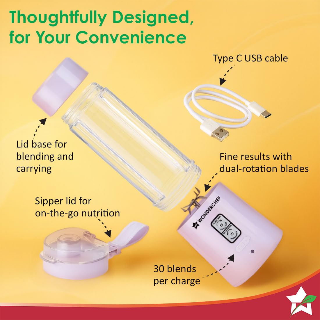 Wonderchef Twister Portable Blender, 500ml, Lavender