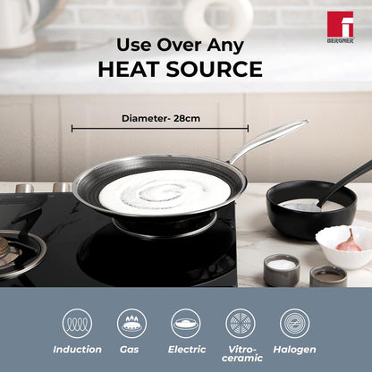 Bergner Hitech Prism TriPly Stainless Steel 30 cm Tawa, Non Stick Tawa for Roti/Dosa/Chapati, Induction Bottom and Gas Ready