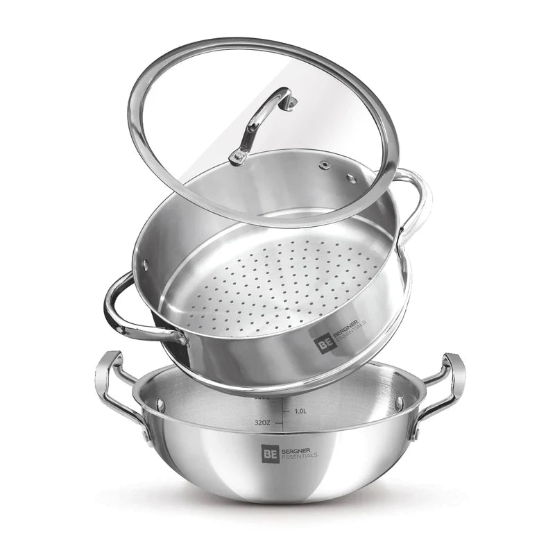Bergner Essentials Tri-Ply Stainless Steel 3 Pcs Cookware Set of 24cm Kadai (2.5 L) and Steamer with Common Flat Glass Lid