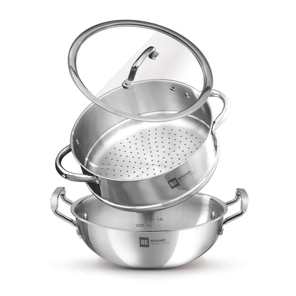 Bergner Essentials Tri-Ply Stainless Steel 3 Pcs Cookware Set of 24cm Kadai (2.5 L) and Steamer with Common Flat Glass Lid