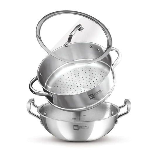 Bergner Essentials Tri-Ply Stainless Steel 3 Pcs Cookware Set of 24cm Kadai (2.5 L) and Steamer with Common Flat Glass Lid