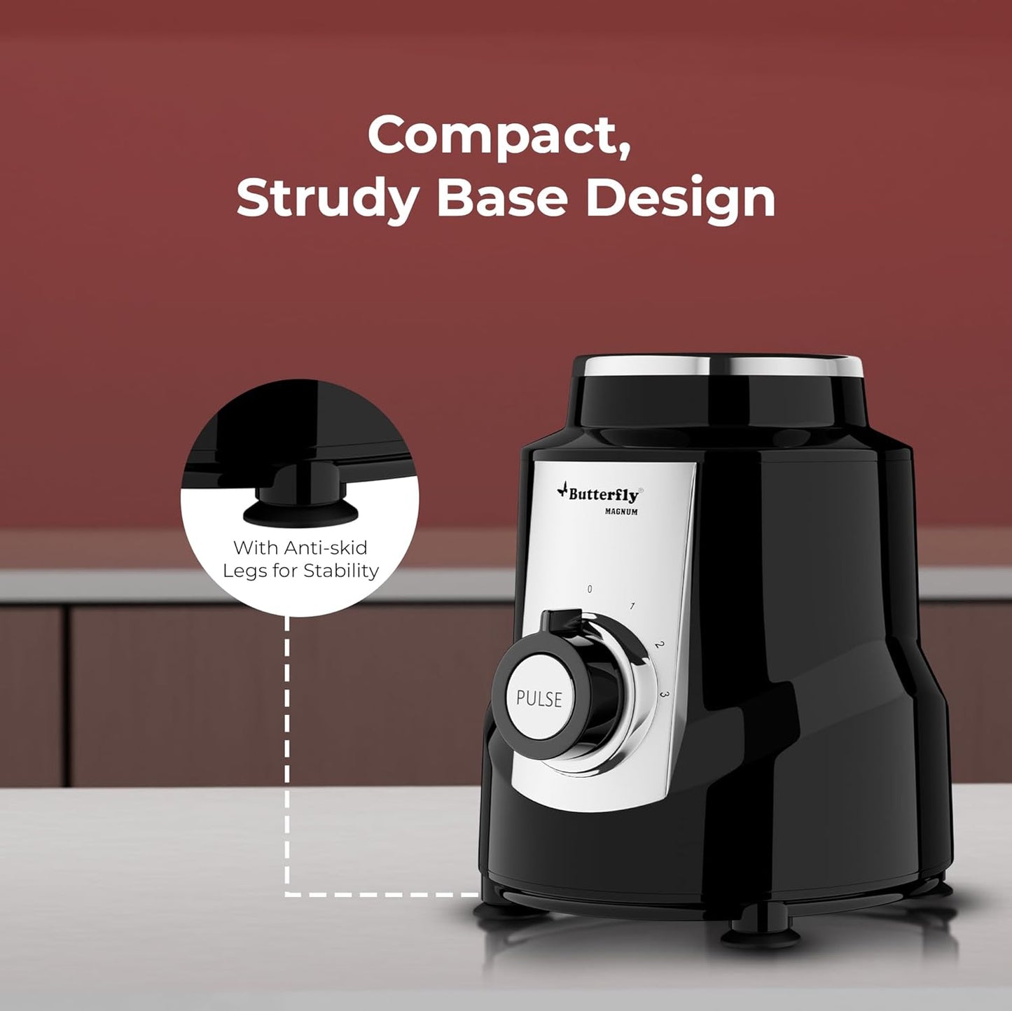 Butterfly Magnum 1.2HP Mixer Grinder with 4 Jars | 100% Copper Motor | 3 Stainless Steel Multipurpose Jars and 1 Juicer Jar | ABS Body | Handsfree Operation | Lifetime Motor Warranty| Black