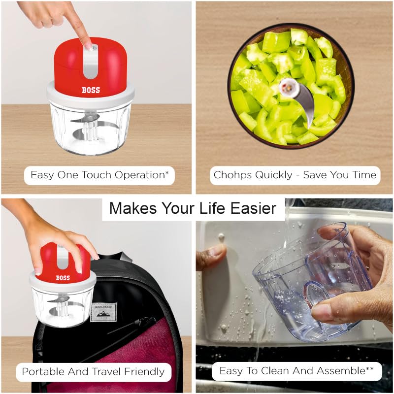 BOSS USB Rechargeable Wireless Electric Chopper with Stainless Steel Blades, One Touch Operation, 10 Seconds Chopping, Mincing Vegetable - 350 ML, 40 Watts,