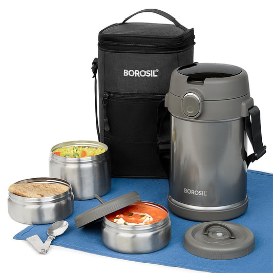Borosil CarryMe Stainless Steel Lunch Box with Bag 3 Pcs Set (320 ml x 2 + 600 ml x 1) Grey