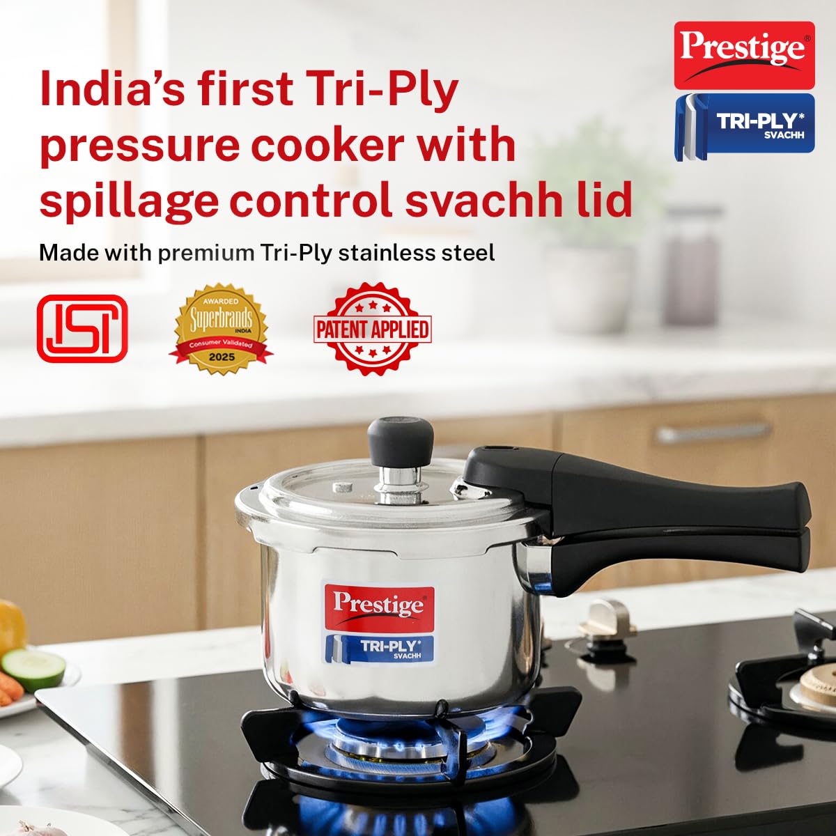 Prestige 1.5 Litre Triply Svachh Pressure Outer Lid Pressure Cooker|Deep lid for spillage control|Gas & Induction Compatible|Triply body for even heating|MFSD Technology|5 Y warranty|ISI Certified