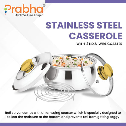 Prabha Casserole With Lid 1700ML | Stainless Steel Casserole for Cooking | Harmony Hot Case Hot Pot, Food Grade | Hotcase Roti, Rice-Gravy-Curry, Silver Hot Box | Belly