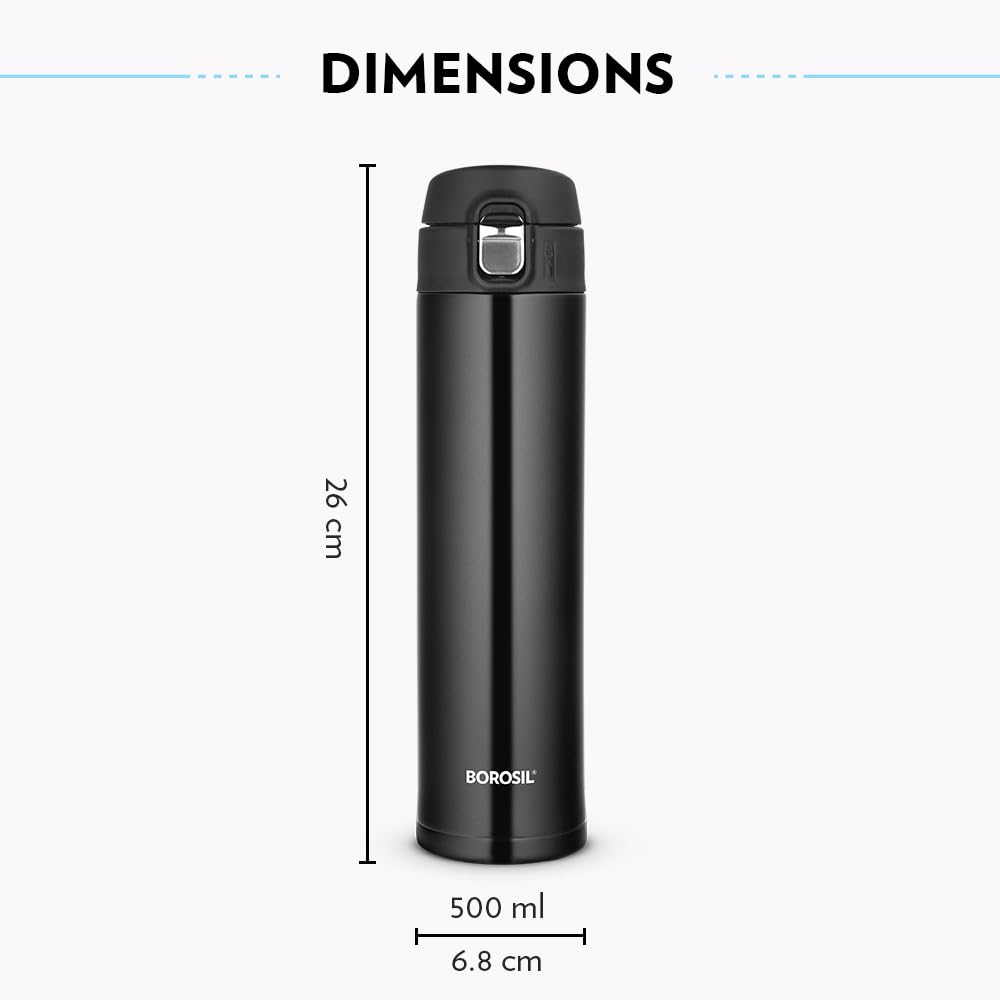 Borosil Hydra Nova Stainless Steel 500 ml Water Bottle | Double Wall Vacuum Insulated | 16 Hours Hot & 18 Hours Cold | Leakproof, BPA Free | 1 Year Warranty, Black