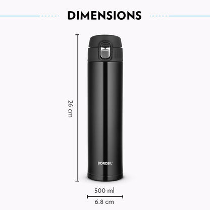 Borosil Hydra Nova Stainless Steel 500 ml Water Bottle | Double Wall Vacuum Insulated | 16 Hours Hot & 18 Hours Cold | Leakproof, BPA Free | 1 Year Warranty, Black