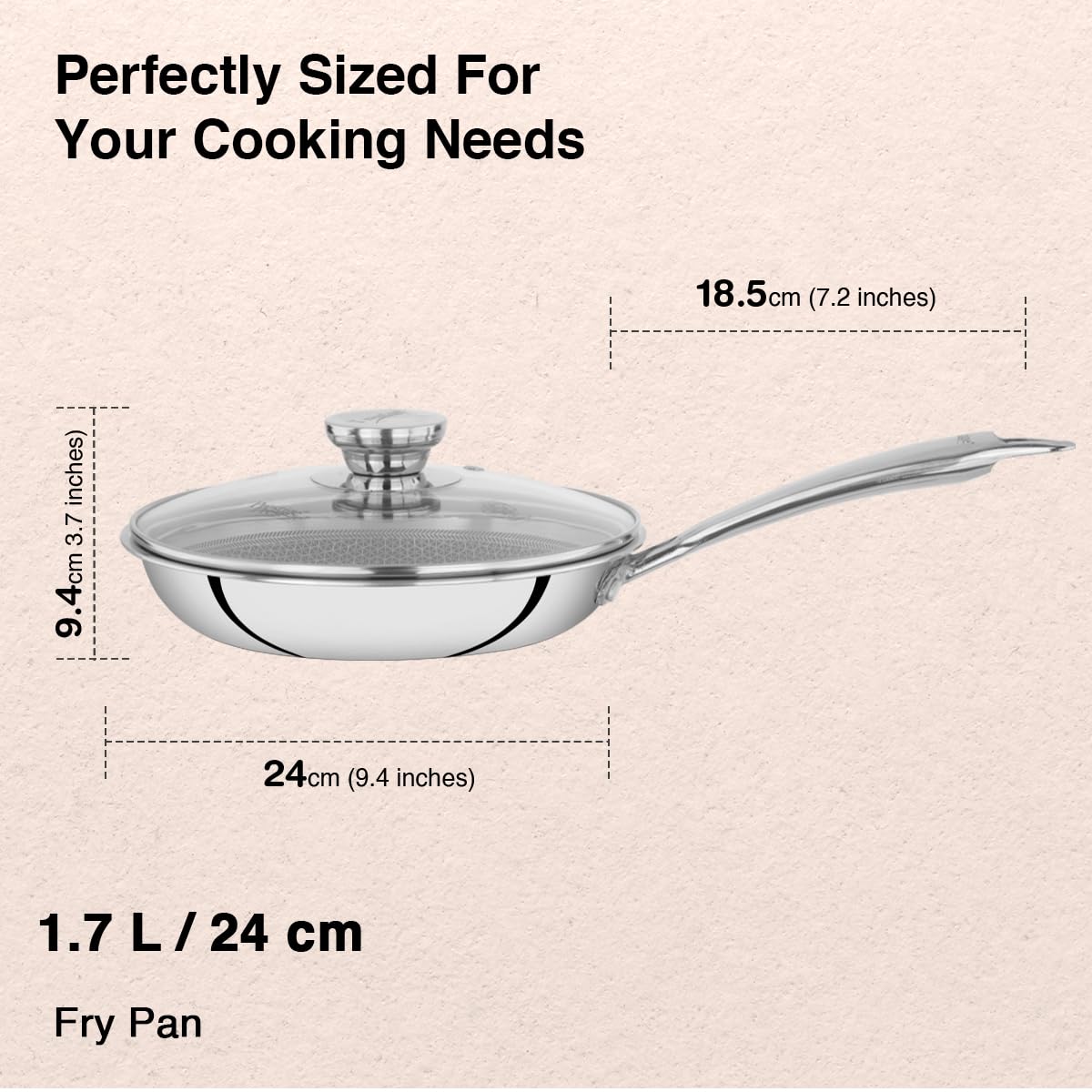 Prestige 24cm/1.7L Tri-Ply Stainless Steel Hexamagic Fry Pan with Lid|Honeycomb Structure|Durability of Triply|Metal Spoon Friendly|Gas & Induction Compatible|Dishwasher Safe|Low Oil Consumption|Grey
