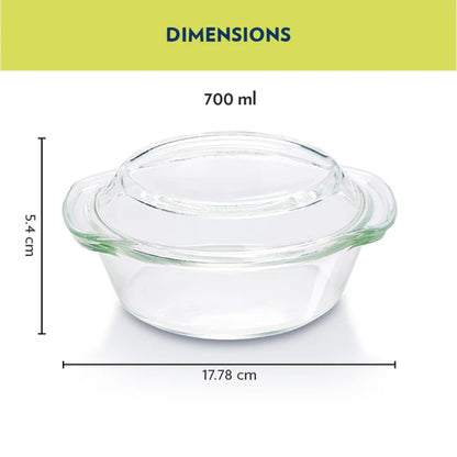 Borosil Casserole with Lid | Borosilicate Glass Bakeware & Serveware Bowl | Microwave, Dishawasher & Oven Safe Multipurpose Bowl for Mixing Dough, Salad, Batter (700 ml)