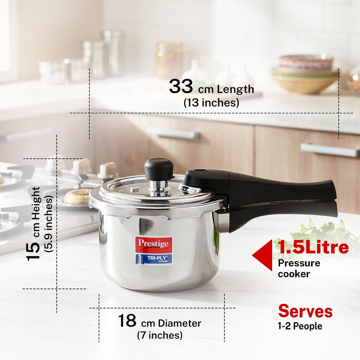 Prestige 1.5 Litre Triply Svachh Pressure Outer Lid Pressure Cooker|Deep lid for spillage control|Gas & Induction Compatible|Triply body for even heating|MFSD Technology|5 Y warranty|ISI Certified