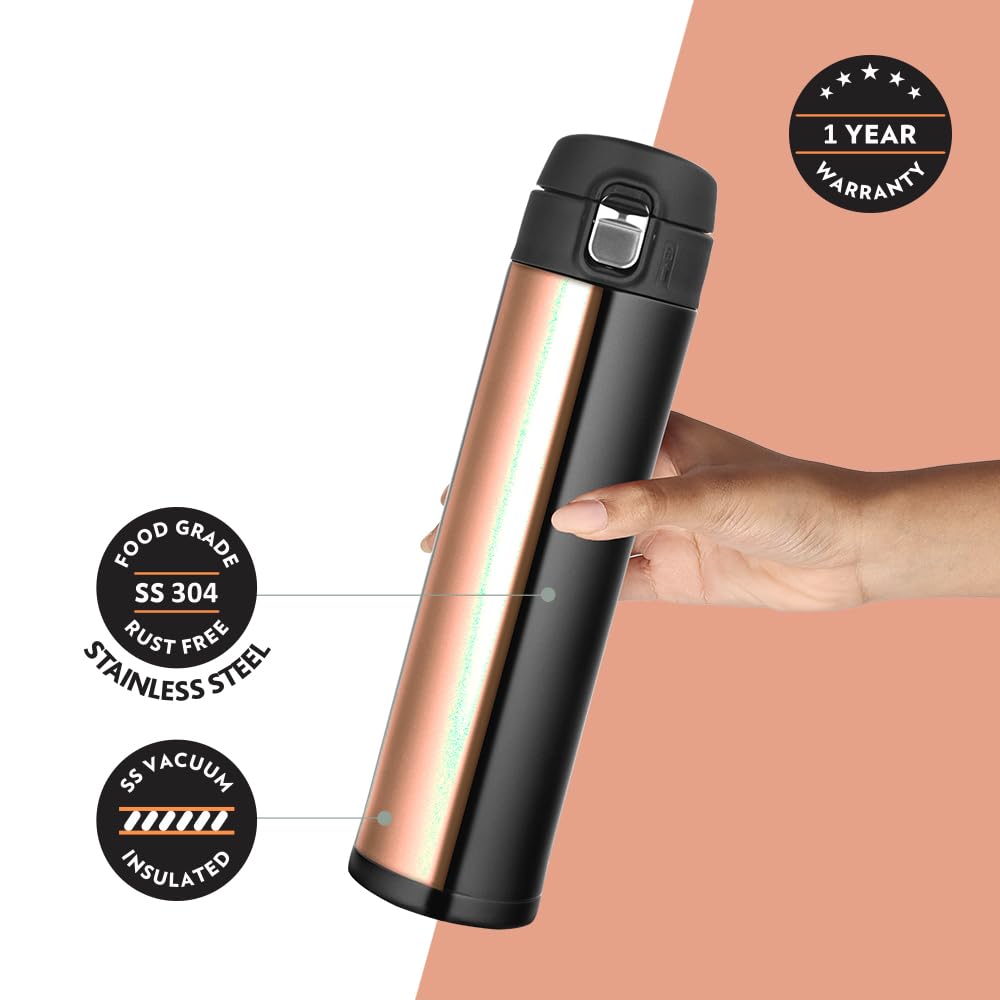 Borosil Hydra Nova Stainless Steel 500 ml Water Bottle | Double Wall Vacuum Insulated | 16 Hours Hot & 18 Hours Cold | Leakproof, BPA Free | 1 Year Warranty, Black