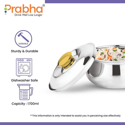 Prabha Casserole With Lid 1700ML | Stainless Steel Casserole for Cooking | Harmony Hot Case Hot Pot, Food Grade | Hotcase Roti, Rice-Gravy-Curry, Silver Hot Box | Belly