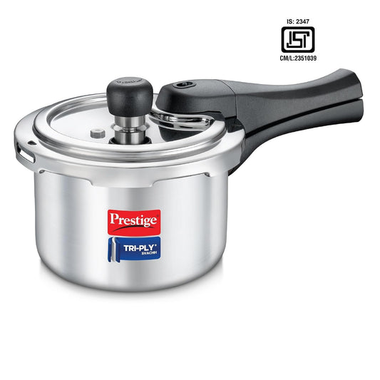 Prestige 1.5 Litre Triply Svachh Pressure Outer Lid Pressure Cooker|Deep lid for spillage control|Gas & Induction Compatible|Triply body for even heating|MFSD Technology|5 Y warranty|ISI Certified