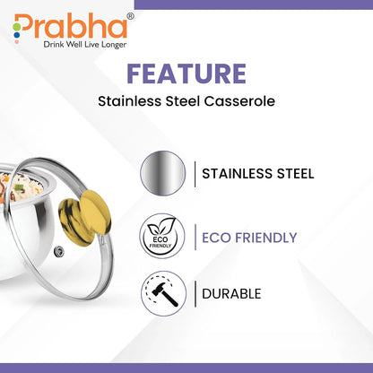 Prabha Casserole With Lid 1700ML | Stainless Steel Casserole for Cooking | Harmony Hot Case Hot Pot, Food Grade | Hotcase Roti, Rice-Gravy-Curry, Silver Hot Box | Belly