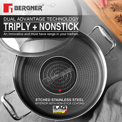 Bergner Hi-Tech TriPly Stainless Steel 24cm (5.3 L) Casserole with Glass Lid, Honeycomb Non-Stick Coating Inside, Healthy Cooking, Less Oil Use, Durable Handle, Excellent Grip - Induction Bottom