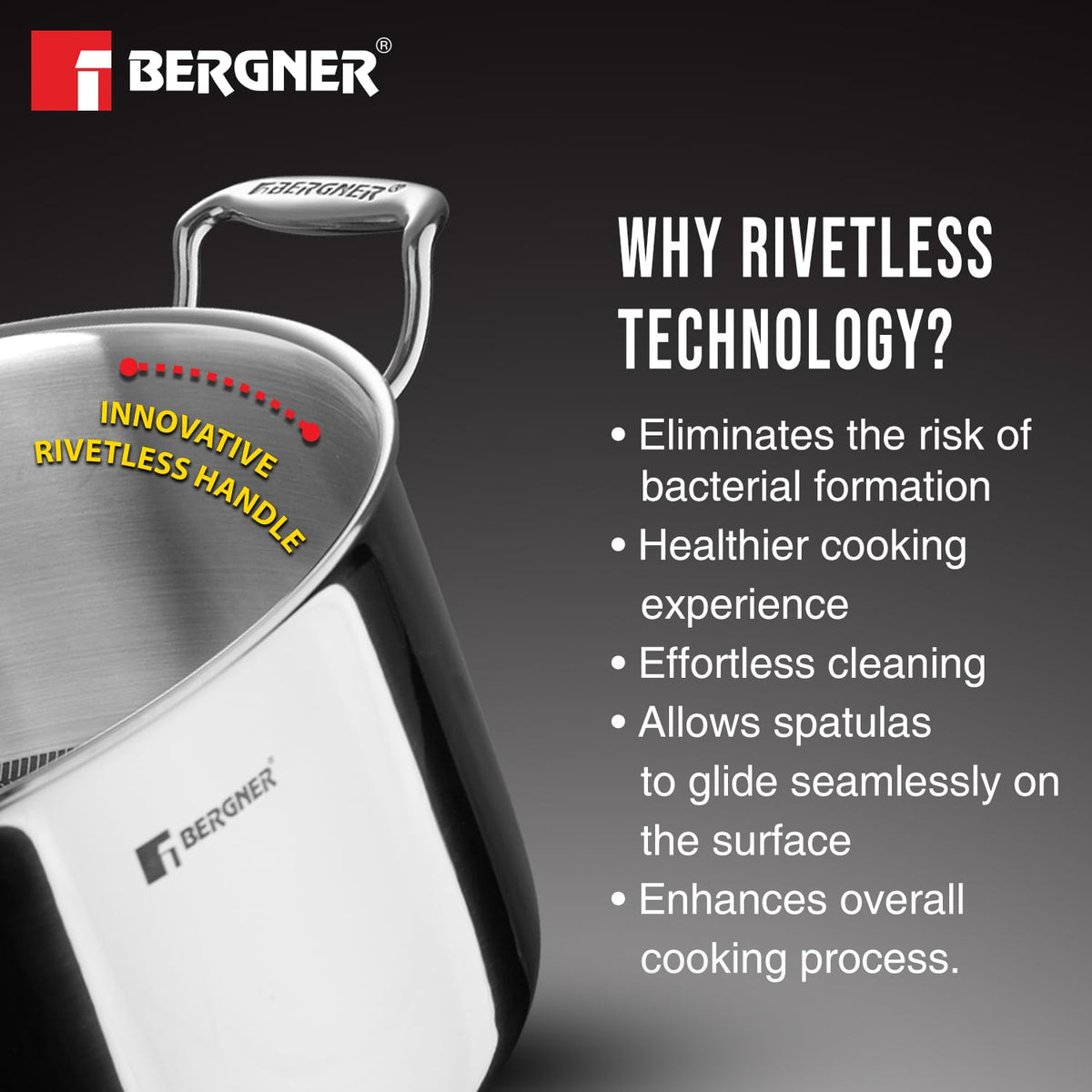 Bergner Hi-Tech Giro Triply Stainless Steel 24cm (5.4L) Casserole with Glass Lid, Honeycomb Non-Stick Coating, Healthy Cooking, Consumes Less Oil, Sturdy Durable Handles, Induction and Gas Stove Ready
