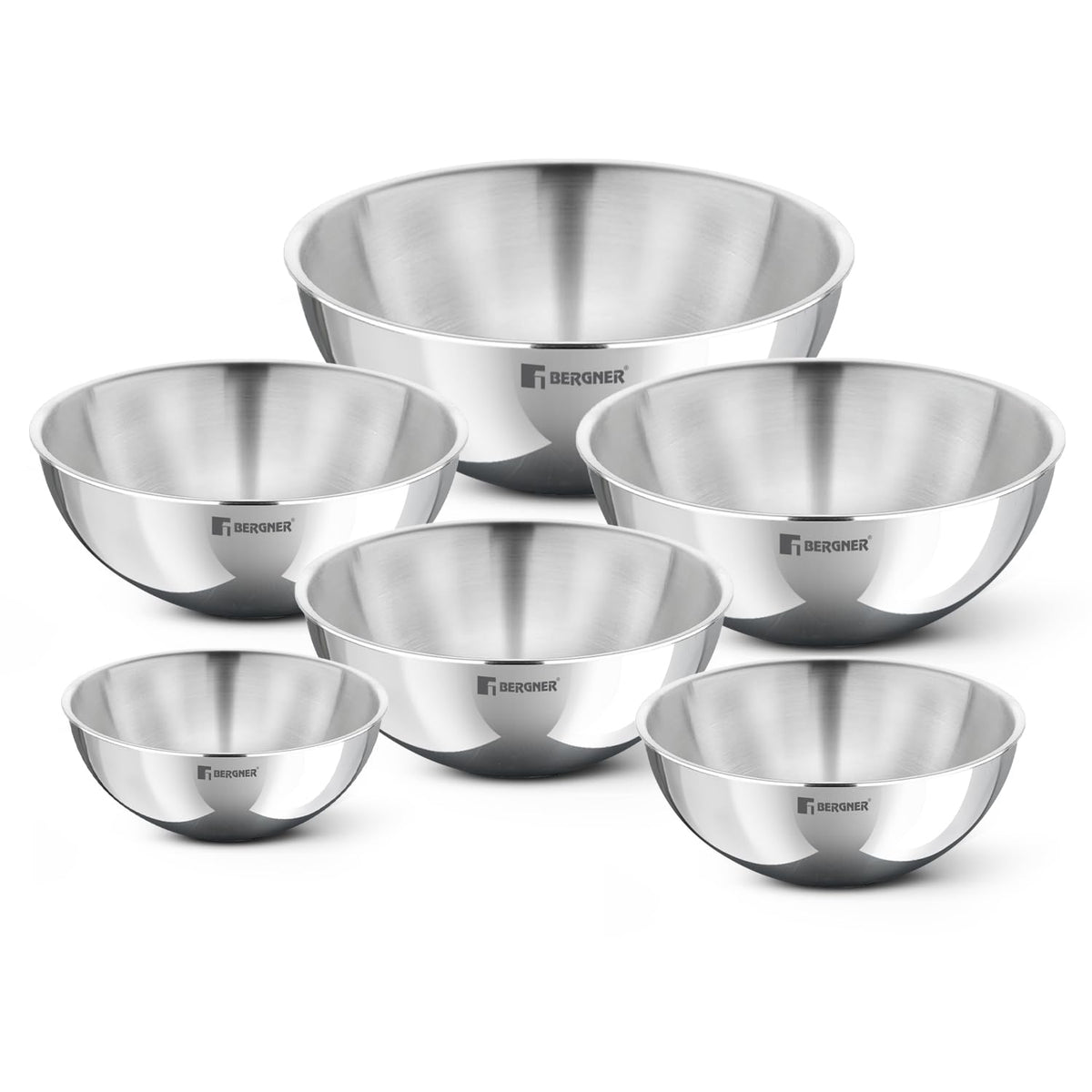 BERGNER Argent 6 Pc Triply Tasra Set - 16cm/900ml, 18cm/1L, 20cm/1.5L, 22cm/2.25L, 24cm/2.5L and 26cm/3.6L, Faster and Even Heating, Consumes Less Oil, Healthy Cooking - Induction and Gas Stove Ready
