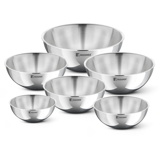 BERGNER Argent 6 Pc Triply Tasra Set - 16cm/900ml, 18cm/1L, 20cm/1.5L, 22cm/2.25L, 24cm/2.5L and 26cm/3.6L, Faster and Even Heating, Consumes Less Oil, Healthy Cooking - Induction and Gas Stove Ready