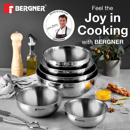BERGNER Argent 6 Pc Triply Tasra Set - 16cm/900ml, 18cm/1L, 20cm/1.5L, 22cm/2.25L, 24cm/2.5L and 26cm/3.6L, Faster and Even Heating, Consumes Less Oil, Healthy Cooking - Induction and Gas Stove Ready