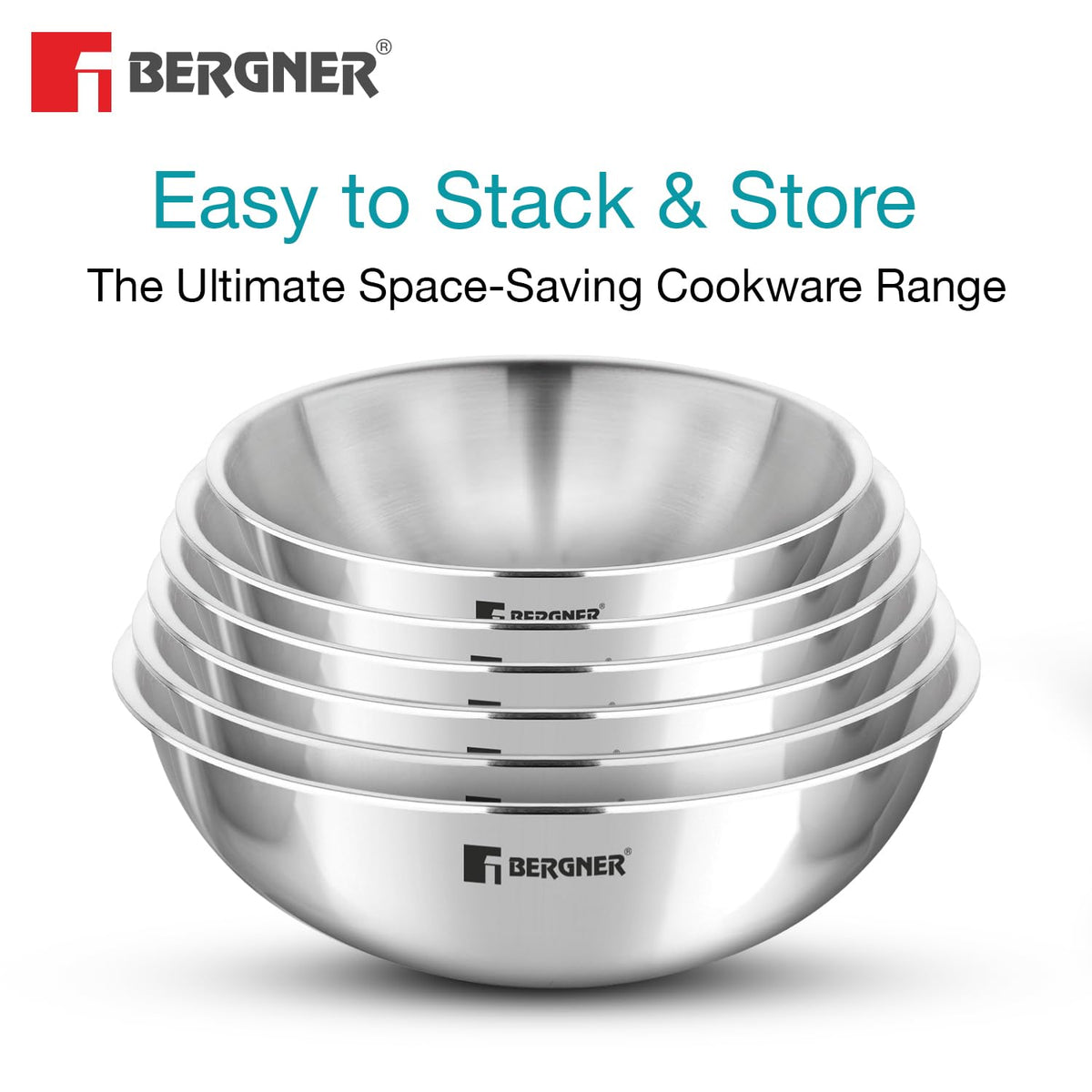 BERGNER Argent 6 Pc Triply Tasra Set - 16cm/900ml, 18cm/1L, 20cm/1.5L, 22cm/2.25L, 24cm/2.5L and 26cm/3.6L, Faster and Even Heating, Consumes Less Oil, Healthy Cooking - Induction and Gas Stove Ready